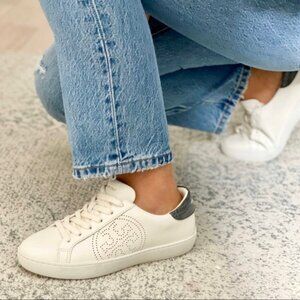 GENUINE TORY BURCH LEIGH T LOGO IVORY GRAY CALF SKIN SNEAKERS SIZE 9.5